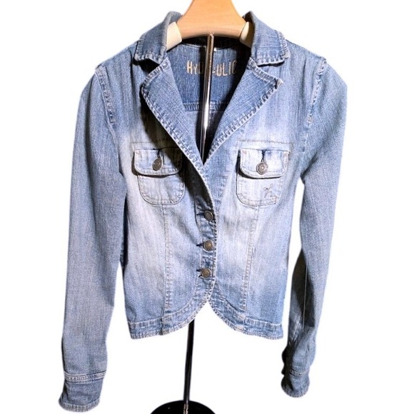 VINTAGE vtg SMALL S Hydraulic Blue Jean Demim Jacket Tailored Blazer Style - Picture 2 of 9